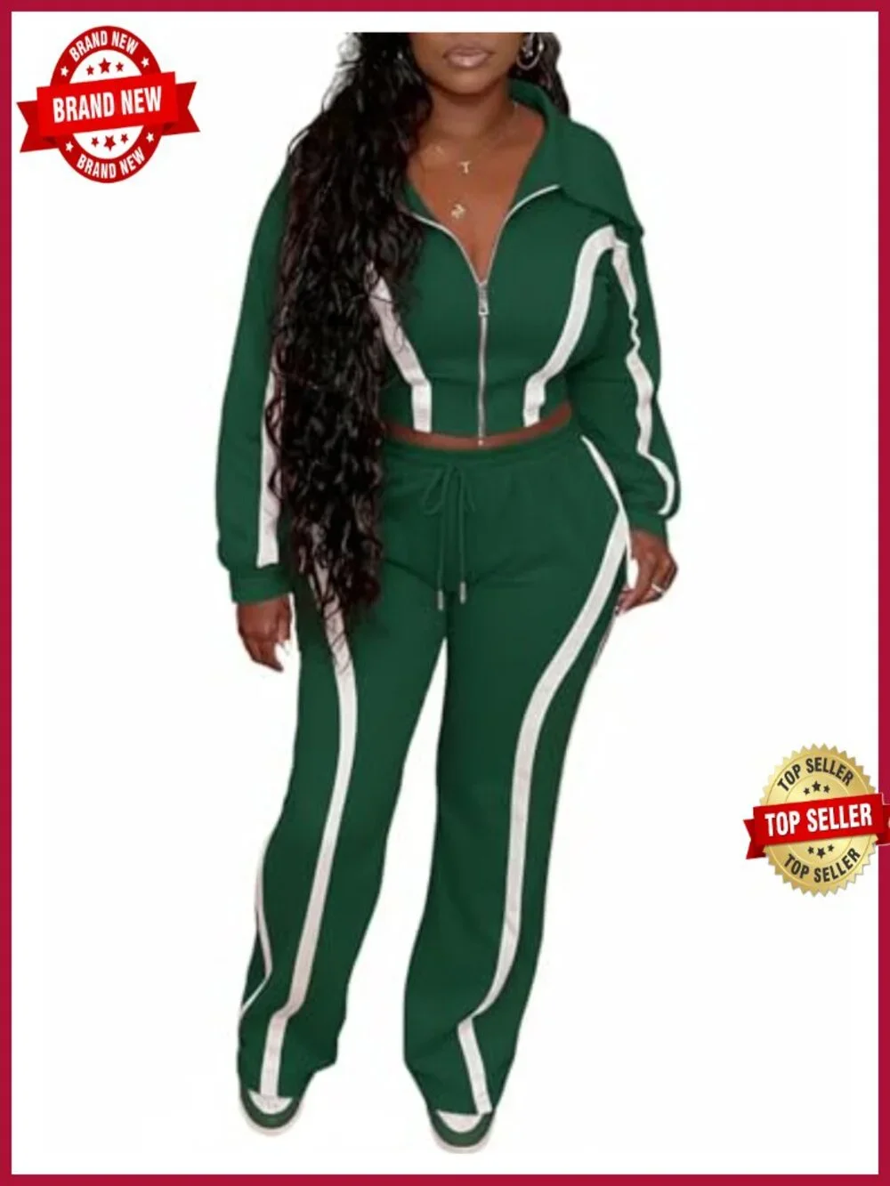 Women Striped Two Piece Tracksuit Set Long Sleeve Zip Up Jacket Wide Leg Pants